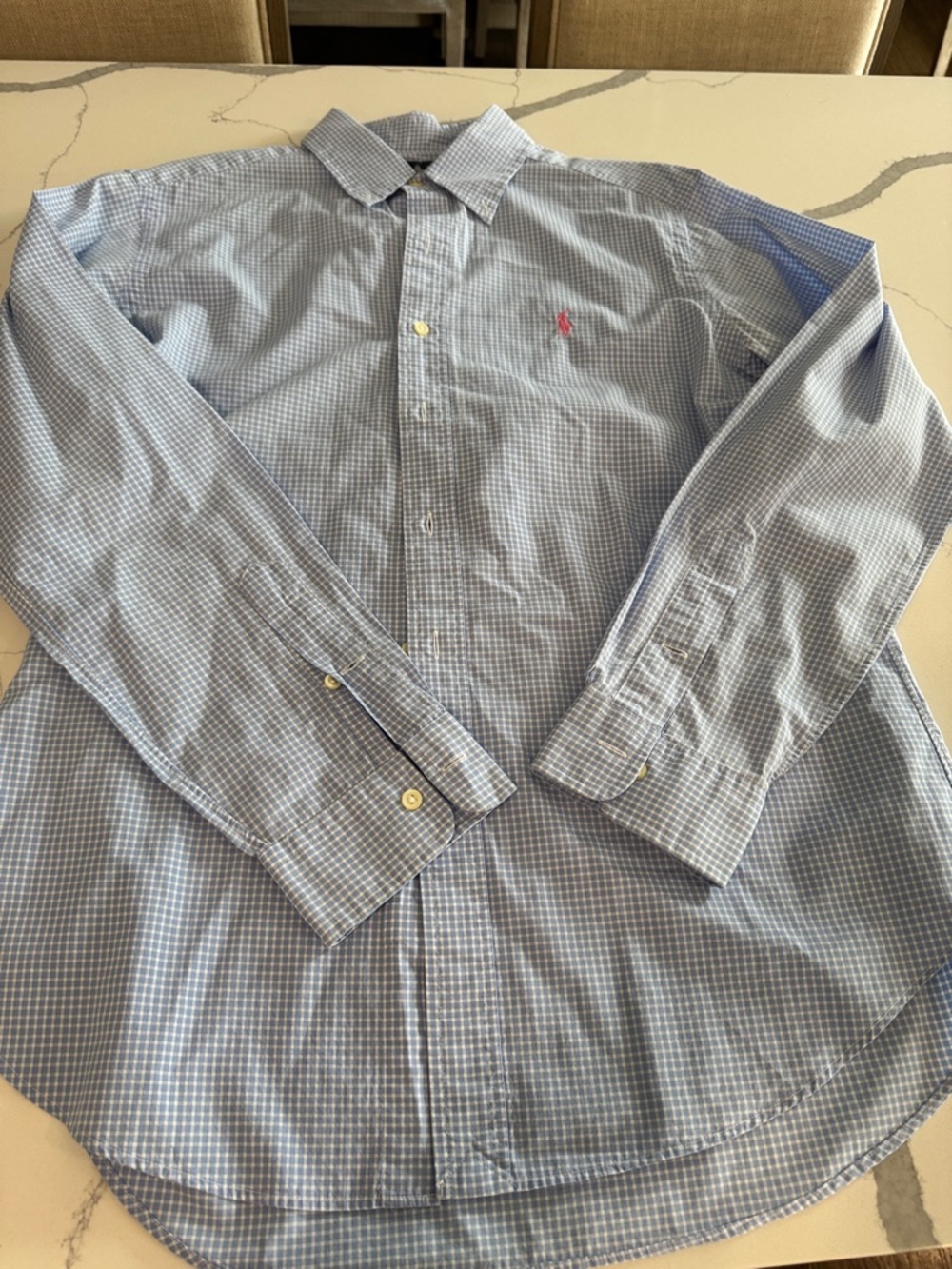 Ralph Lauren Light Blue Micro-Check Dress Shirt with Pink Polo Logo